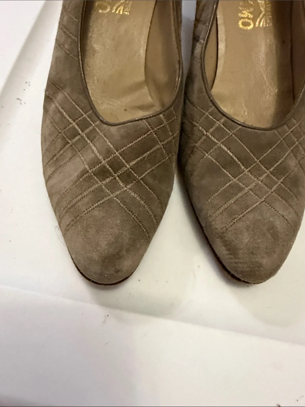 Salvatore Ferragamo Taupe Suede Quilted Pointed Square Heels Size 10AA Vintage